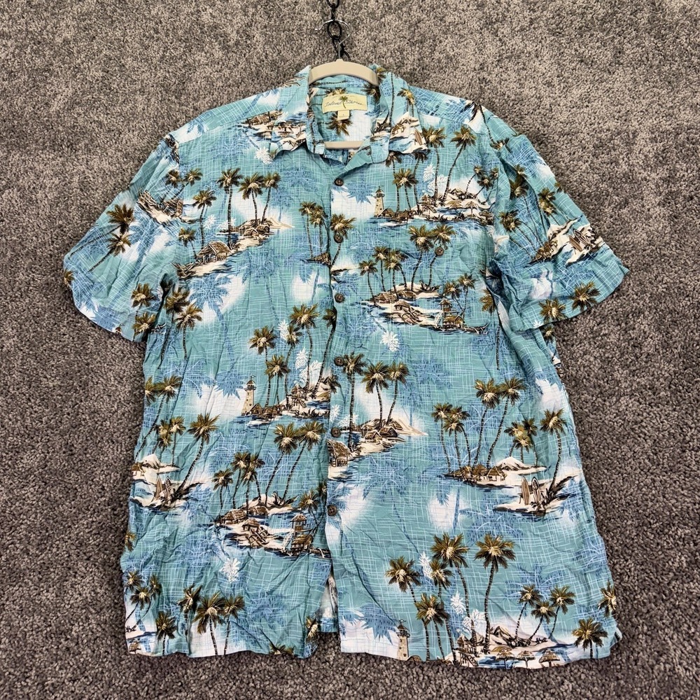 Island Shores Shirt Mens Large Blue Hawaiian Short Sleeve Button Up Palm Tree